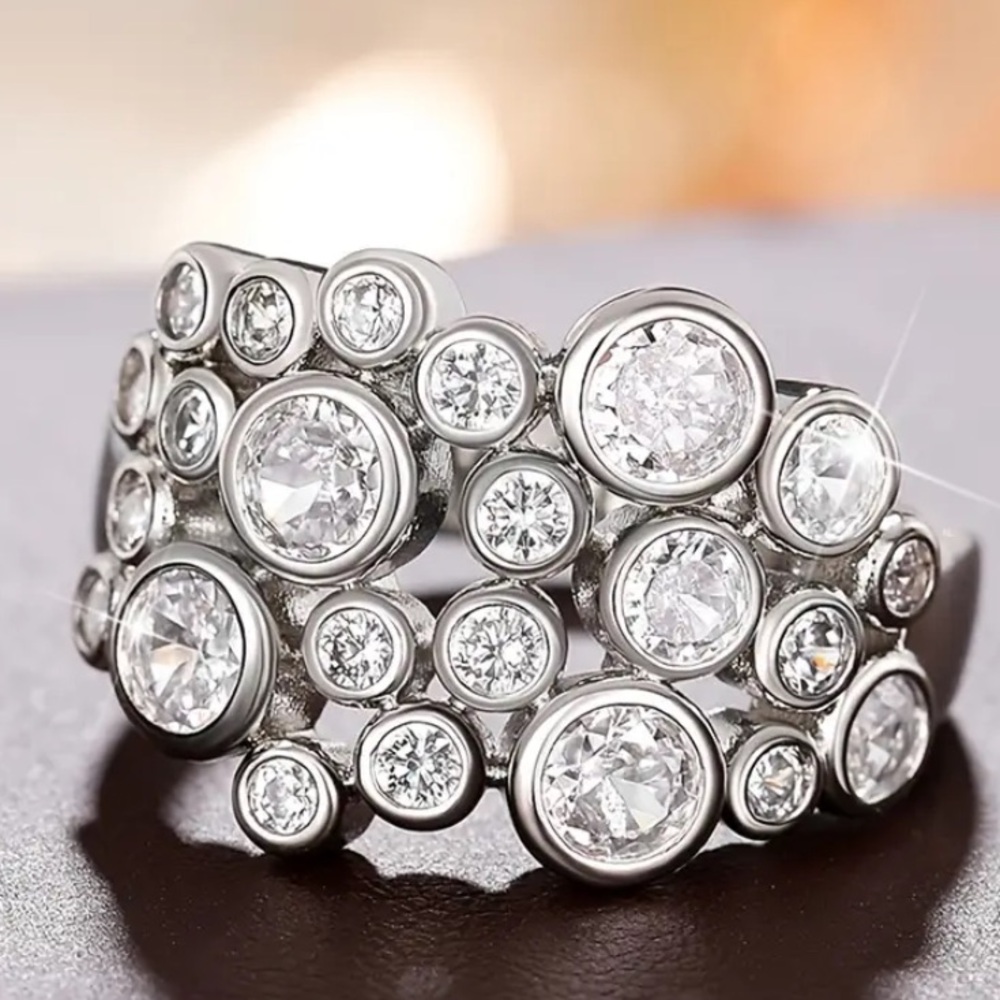 Neiman Marcus 18k White Gold Plated & White Topaz Multi-Crystal Ring
